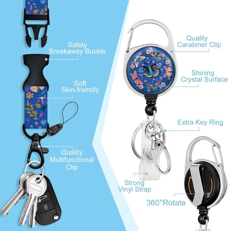 Piefly Lanyards for Id Badges, Butterfly Flowers Badge Holder with Retractable Reel Belt Clip, Cute Work Name Tag Lanyard Vertical ID Card Protector Case for Women Nurse Doctor Teacher Student - Image 4